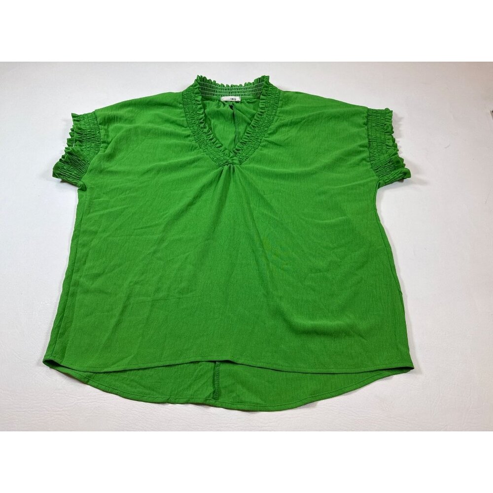 Green Adora Womens Ruched Short-Sleeve Top V-Neck Lightweight Sz M (FF276)